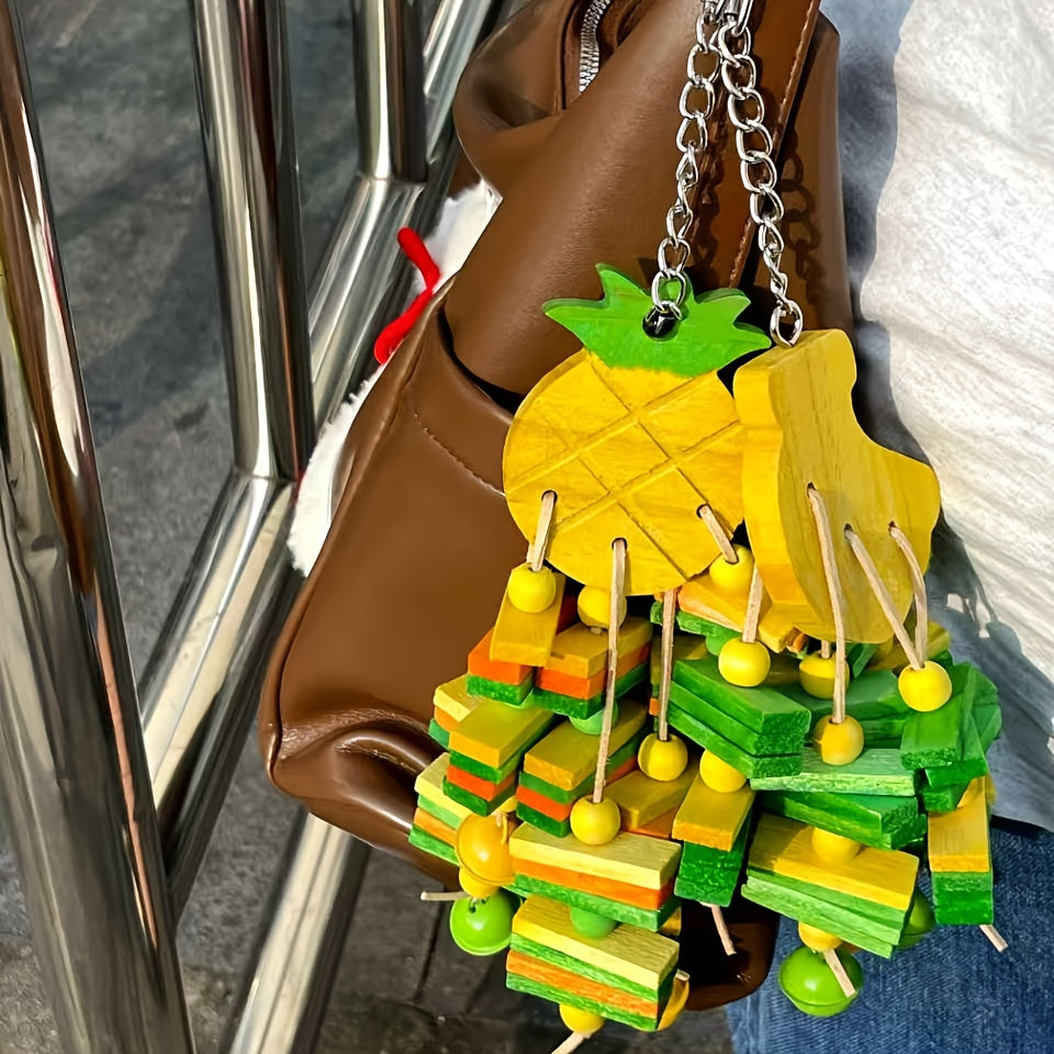 Fruit Shaped Bird Chew Toy Set with Pineapple and Banana Designs, Colorful Wooden Blocks, Beads and Bells for Supervised Parrot Cage Enrichment