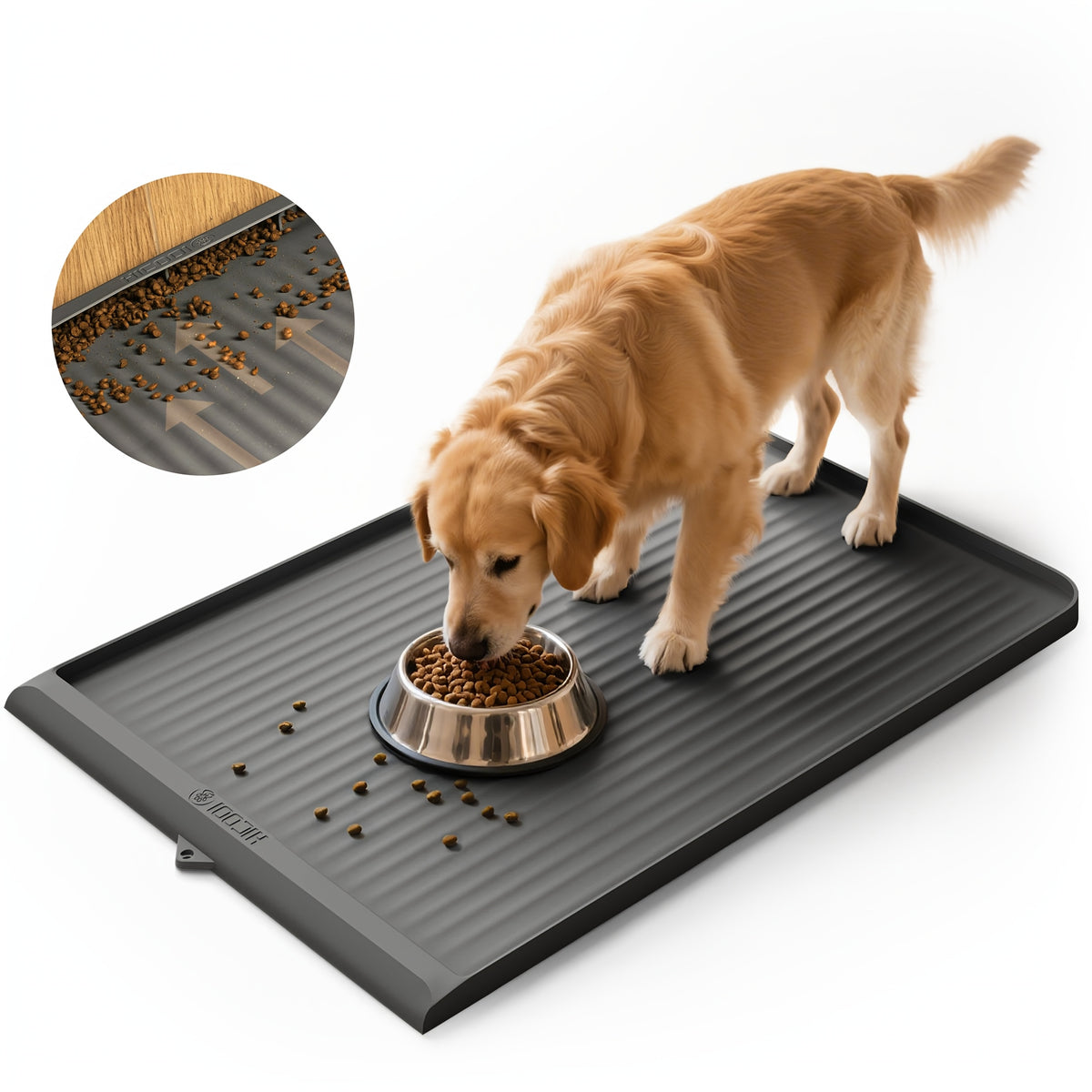 Large Dog Feeding Mat 36 x 24 Inches, Grey Waterproof Pet Bowl Placemat with Raised Edges, Grooved Surface and Roll-Up Design for Food and Water