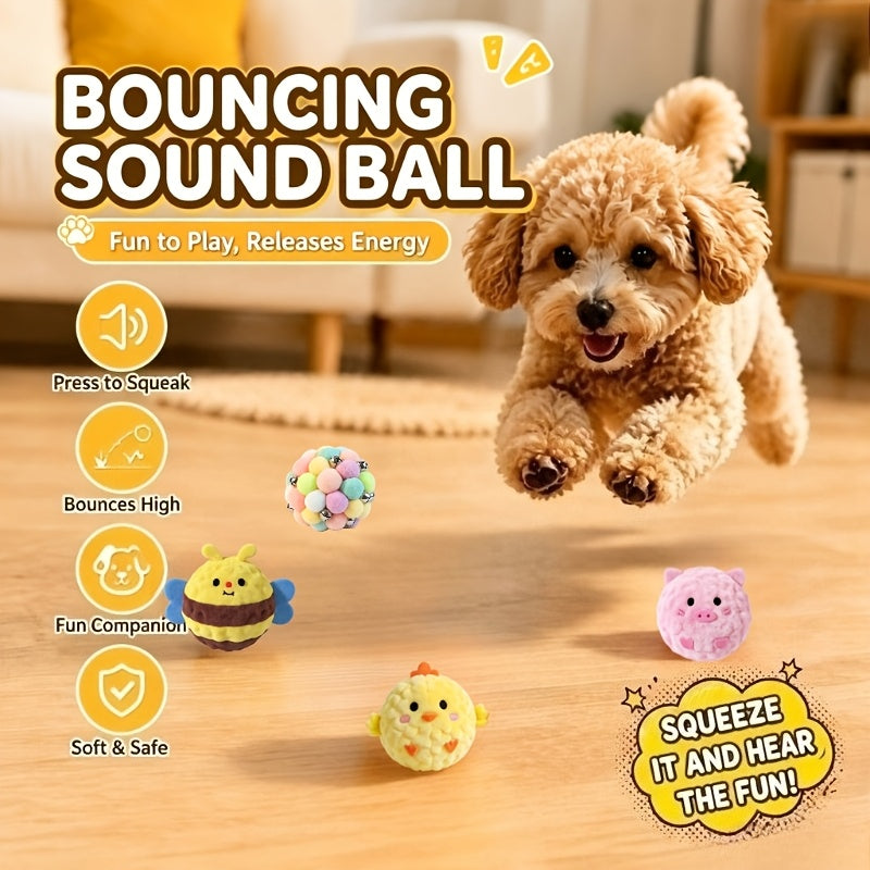 Dog and Cat Toy Balls 4-Pack, Random-Style Sound and Slow-Rebound Bouncing Pet Toys for Supervised Rolling, Chasing and Interactive Play