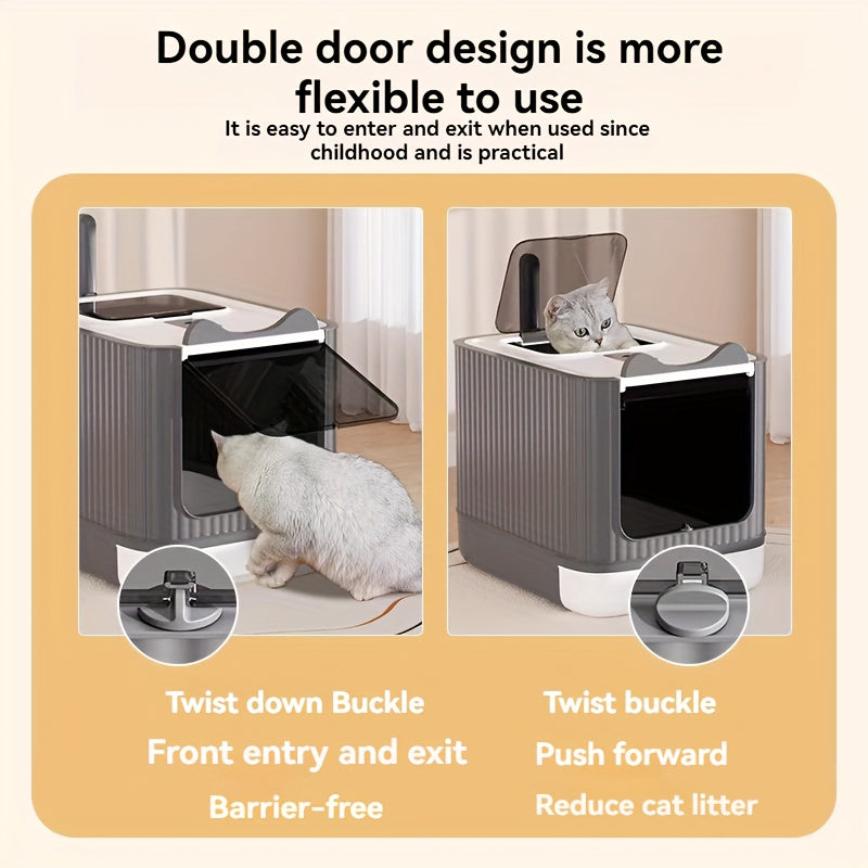 Enclosed Cat Litter Box with Foldable Design, Front Door and Top Opening, Covered Indoor Kitty Toilet in White, Pink or Yellow Options