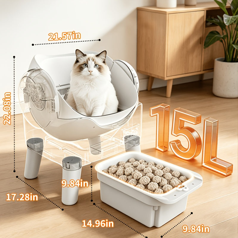 Automatic Cat Litter Box with 4-Gallon Waste Bin, Open-Top Self-Cleaning Cat Toilet with No App, Washable Liner, Litter Mat and Waste Bags