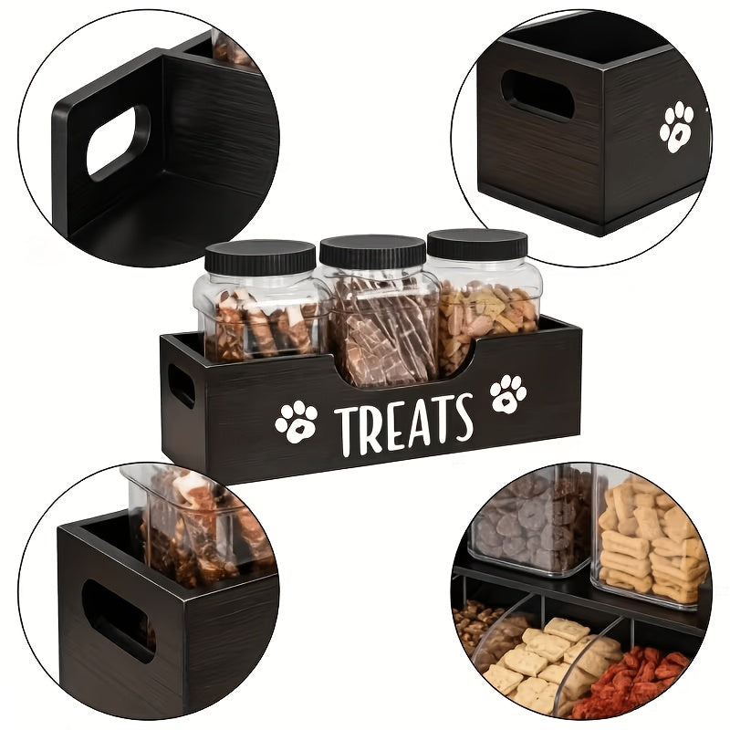 Pet Treat Jar Organizer with Paw Print Pattern, Farmhouse Countertop Holder for 3 Jars, Faux Wood Look in Black or White for Dog Owners