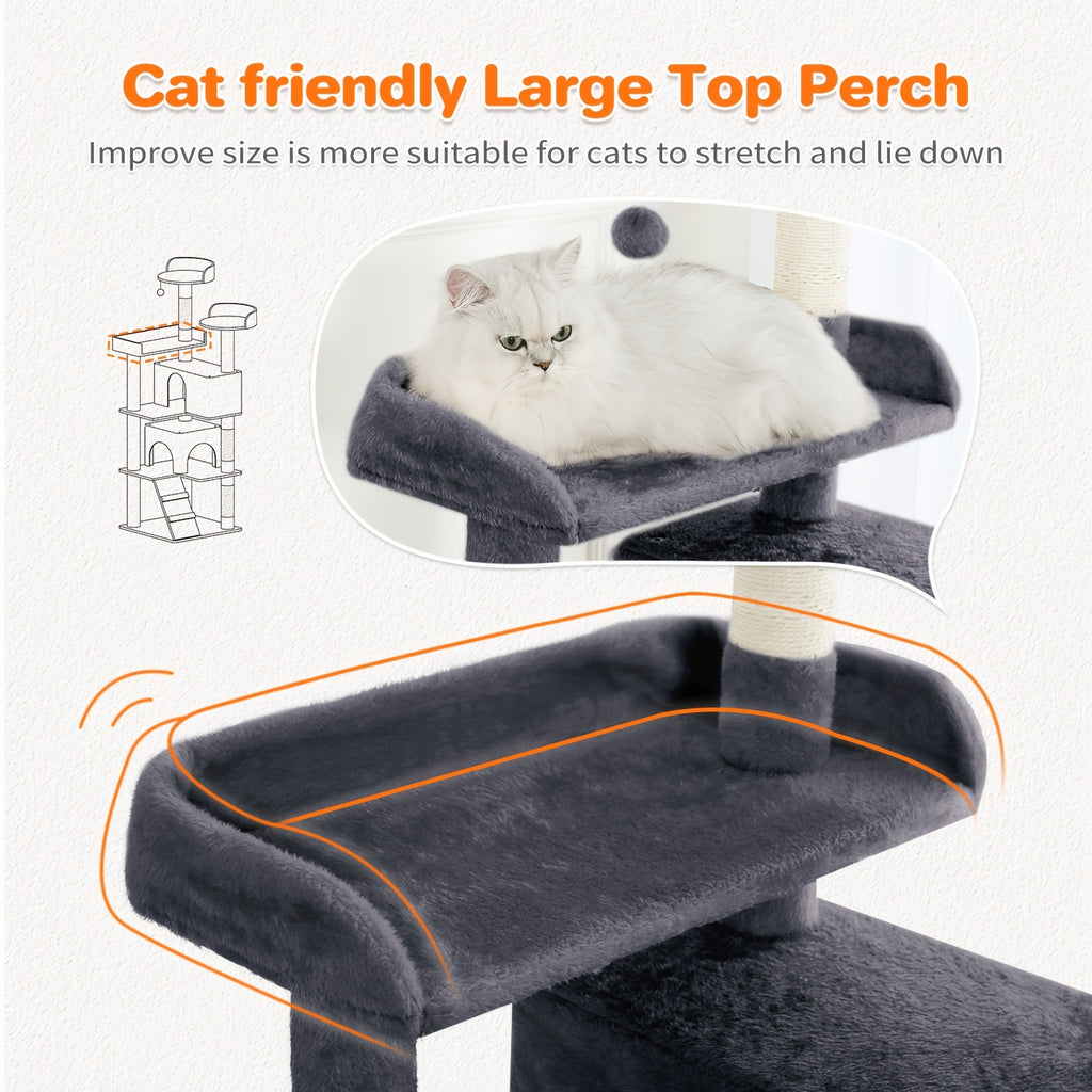 Cat Tree with Two Condo Retreats in Light Grey, Multi-Level Indoor Cat Tower with Scratching Posts and Play Toys for Kittens and Cats to Climb, Rest and Explore