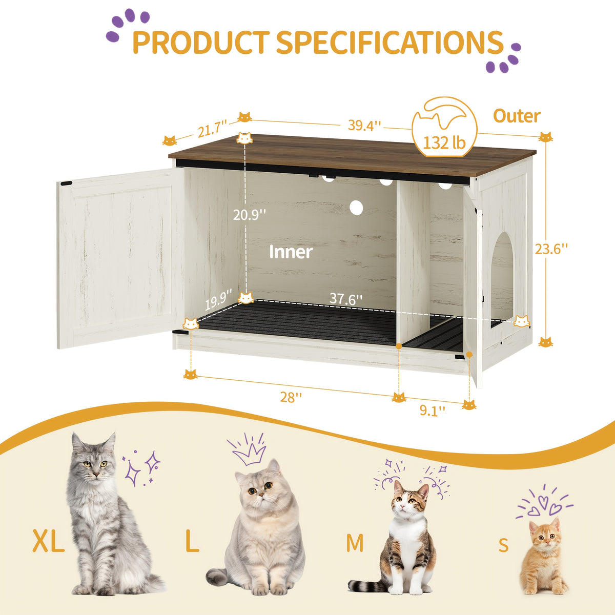 Hidden Litter Box Furniture with Barn Doors, Farmhouse Cat Cabinet with Reversible Entrance, Removable Divider and Ventilation Holes