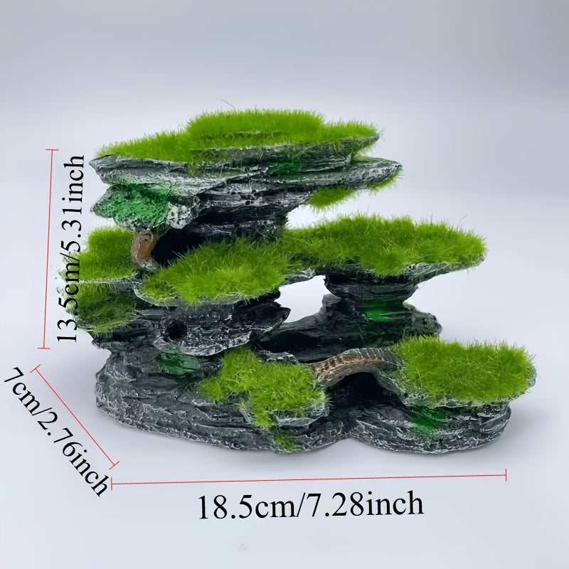 Aquarium Moss Rock Decoration, Multi-Layer Resin Fish Tank Ornament with Grass-Style Detailing for Shrimp and Fish Habitat Aquascaping