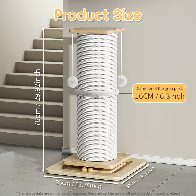 Cat Scratching Post 30 Inch with 6.3-Inch Sisal Column, Wooden Ball Track Base and Hanging Plush Toys for Indoor Cat Scratching and Play
