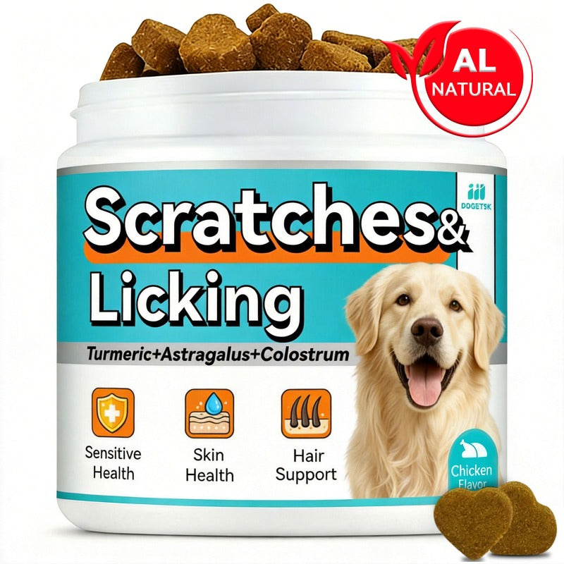 Dog Skin Supplement Chews with Omega 3, Chicken Flavor Skin and Coat Support with Turmeric, Astragalus and Colostrum, 1 Can for All Breeds