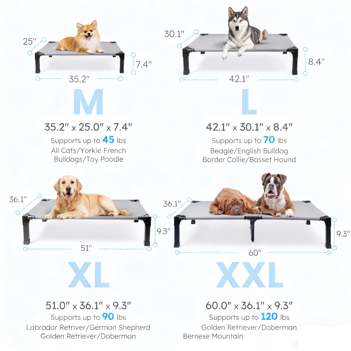 Raised Mesh Dog Bed with Metal Frame and Non-Slip Feet, Washable Breathable Pet Cot in 35 to 60 Inch Sizes for Indoor and Outdoor Lounging