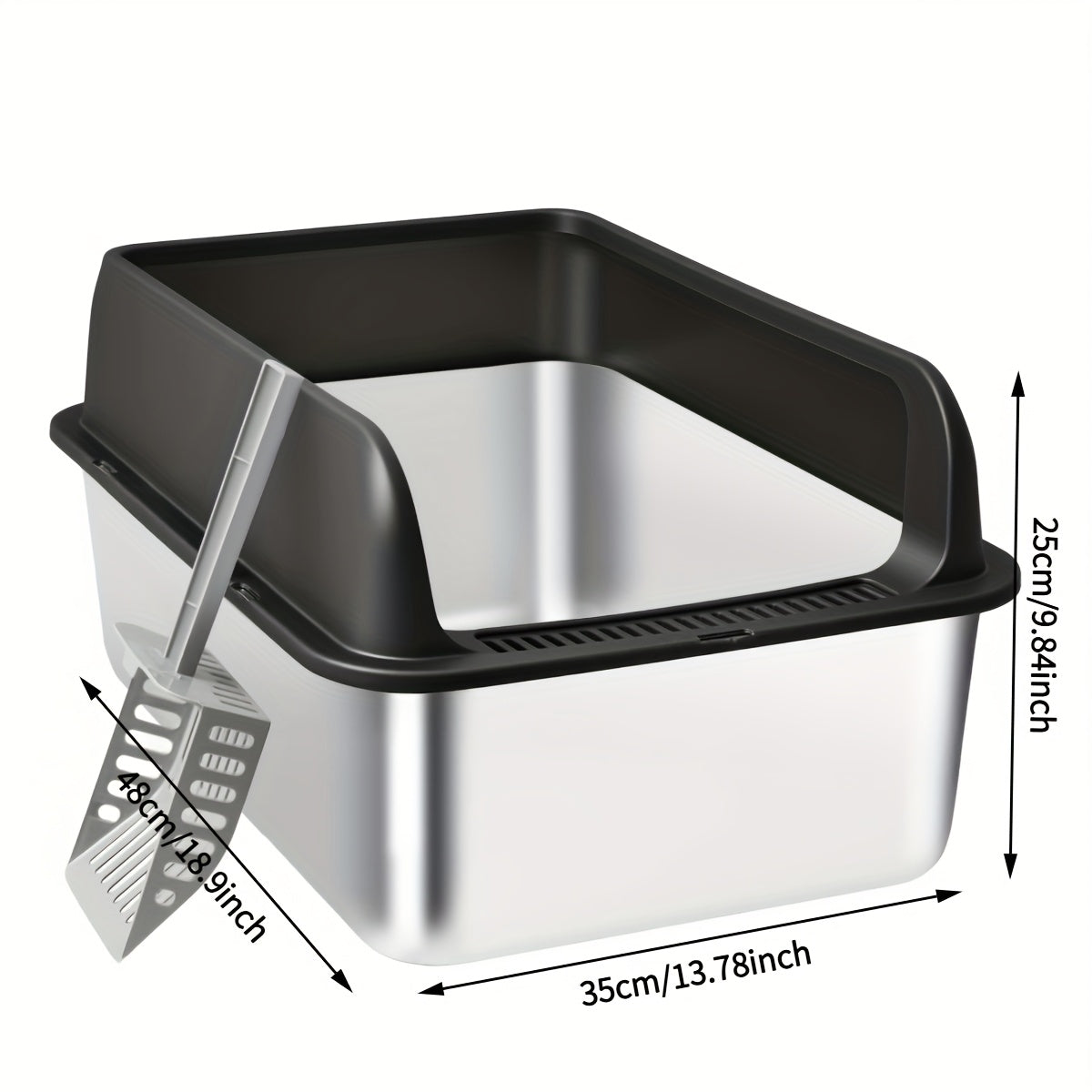 Stainless Steel Sifting Litter Box with High Sides and Buckle-Secured Lid, Pellet Cat Litter Pan with Scoop and Anti-Slip Stickers for Indoor Cats