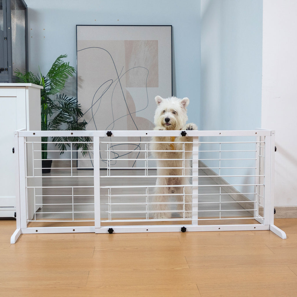 Wood Dog Gate with Sliding Width Adjustment, 38–71 Inch Freestanding Pinewood Pet Barrier with Wide Support Base for Indoor Doorways and Hallways