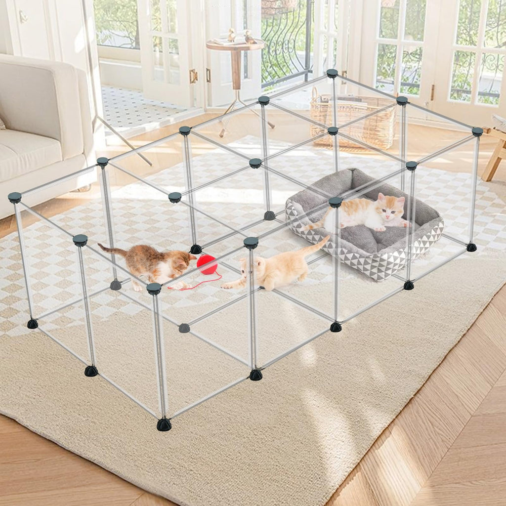 Small Pet Playpen 12 Panel Set, Portable Plastic Small Animal Enclosure with 14 Inch Panels, ABS Connectors and Wooden Hammer for Supervised Play