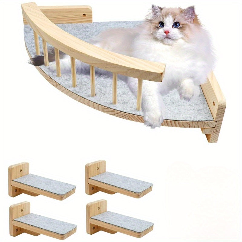 Wall Mounted Cat Bed with Climbing Steps, 5-Piece Wooden Cat Wall Furniture Set with Felt Pads and 13 x 13 Inch Platform for Small and Medium Cats
