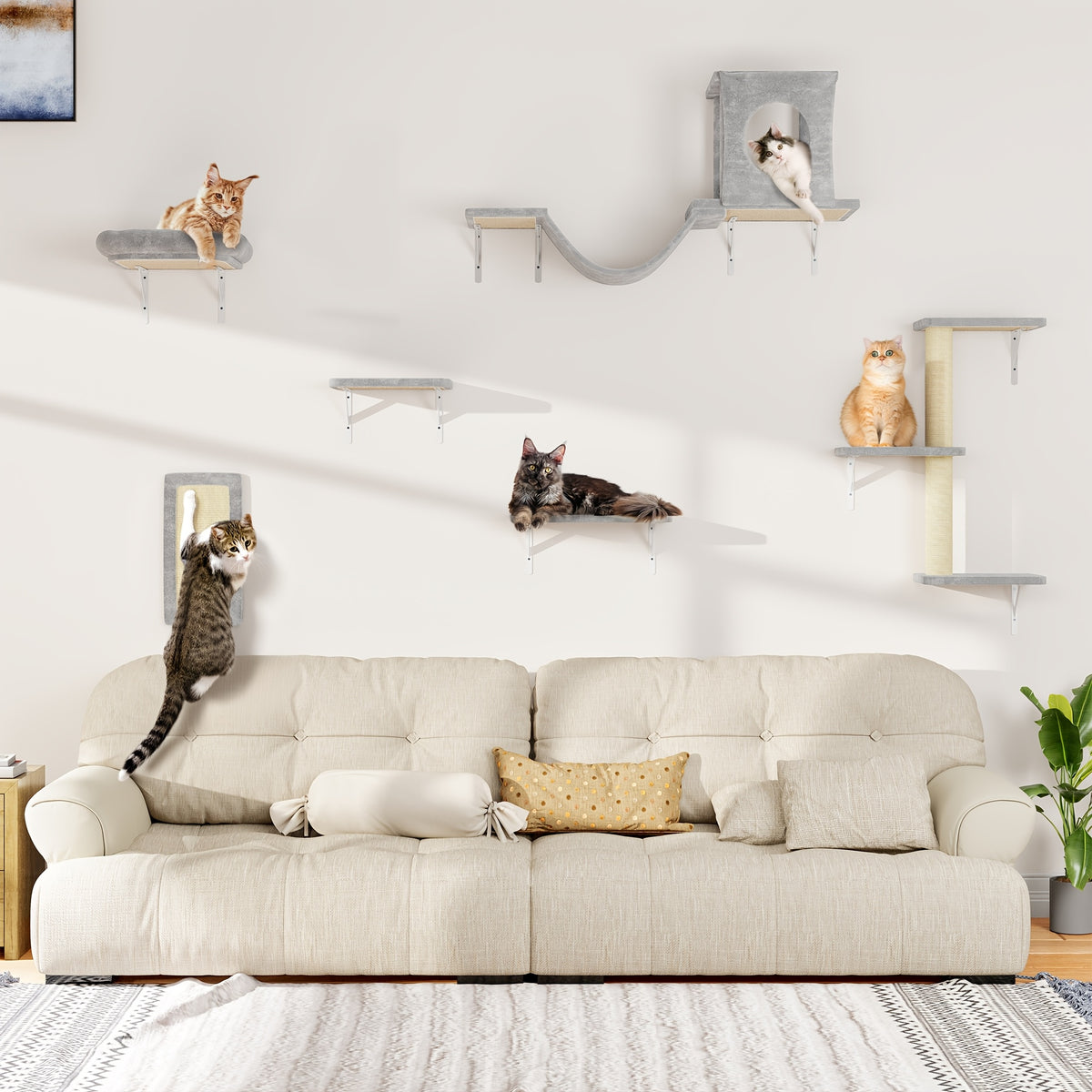 Cat Wall Furniture 7-Piece Set with House, Bridge, Hammock and Scratching Board, Wall-Mounted Climbing Shelves for Indoor Cats in Black or Grey