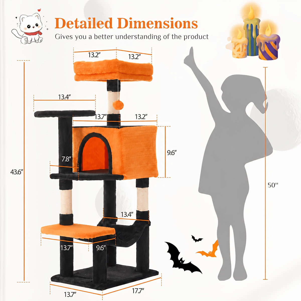 Cat Tree Tower with Condo and Hammock, Sisal Scratching Posts and Perches for Indoor Cats, 44-Inch Colors Plus 44/54-Inch Holiday Options