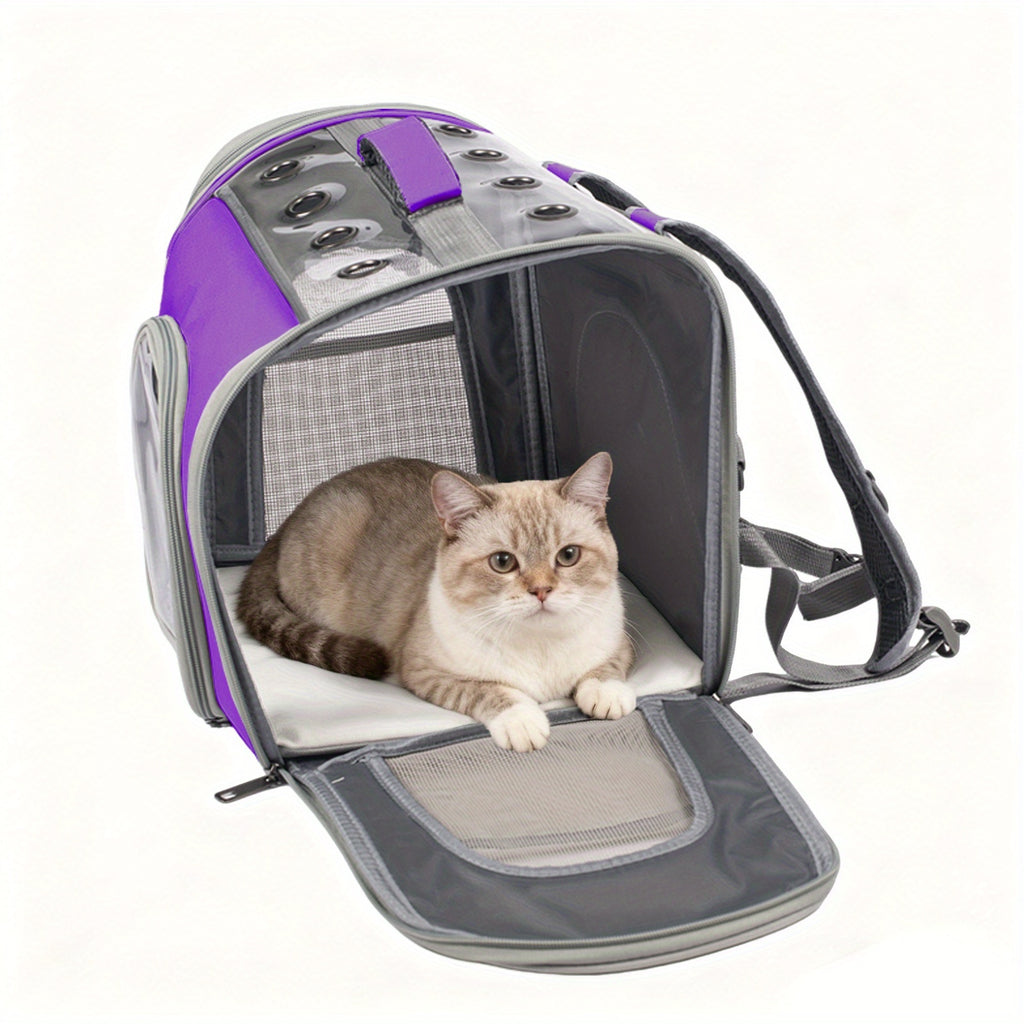 Cat Backpack with Front Opening and Breathable Mesh Window, Foldable Pet Carrier in Purple, Pink, Gray or Blue for Walks and Travel