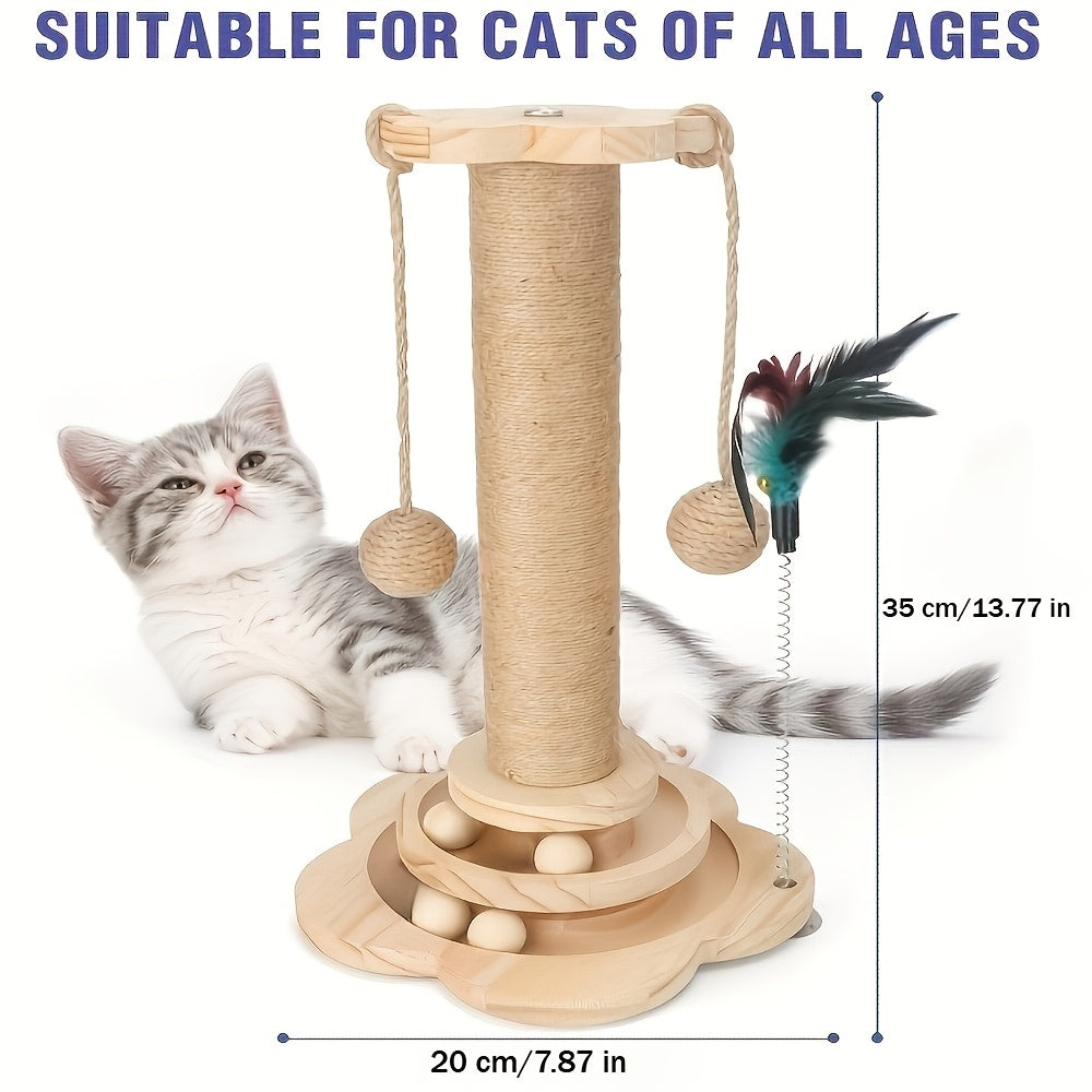 4-in-1 Cat Scratching Post with Wooden Ball Track, Sisal Scratcher with Six Wooden Balls, Feather Teaser and Hanging Toys for Indoor Cats