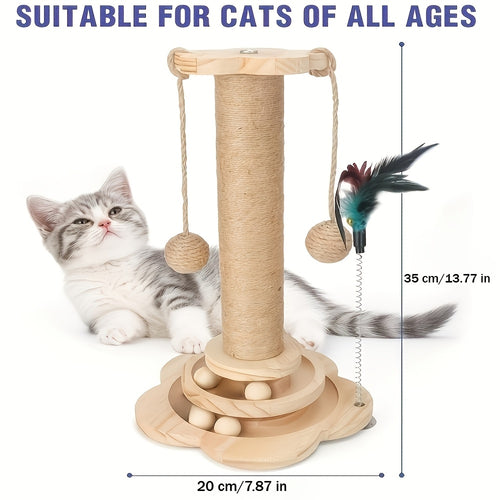 4-in-1 Cat Scratching Post with Wooden Ball Track, Sisal Scratcher with Six Wooden Balls, Feather Teaser and Hanging Toys for Indoor Cats