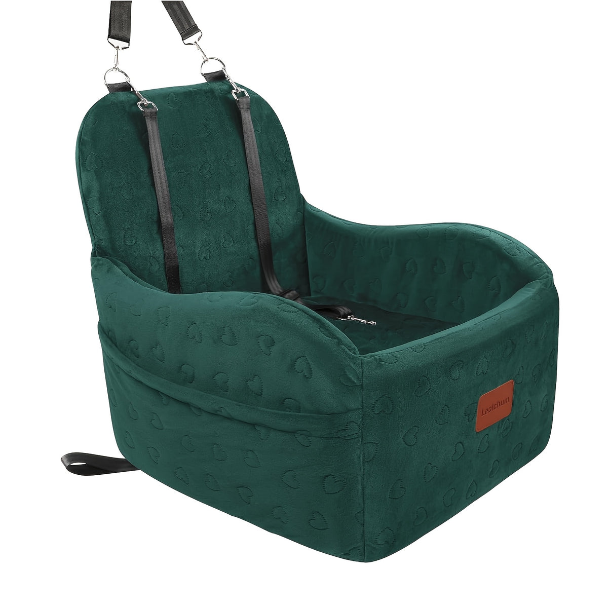 Plush Dog Car Seat with Memory Foam Cushion, Cozy Pet Travel Seat for Dogs and Cats with Side Storage Pockets and 3 Clip-On Leashes