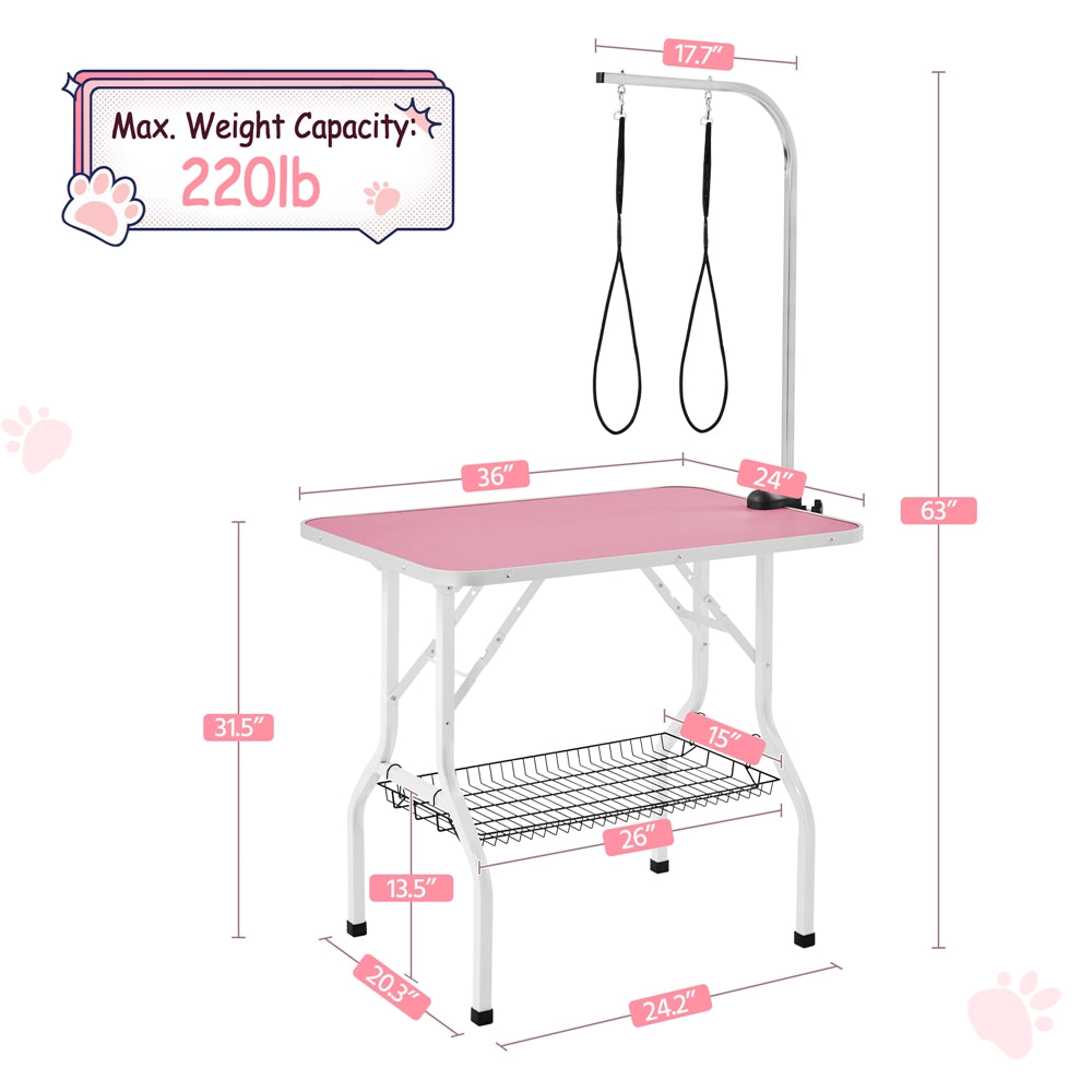 Foldable Dog Grooming Table with Mesh Tool Shelf, Detachable Height Adjustable Arm and Antiskid Surface for Small to Medium Dogs