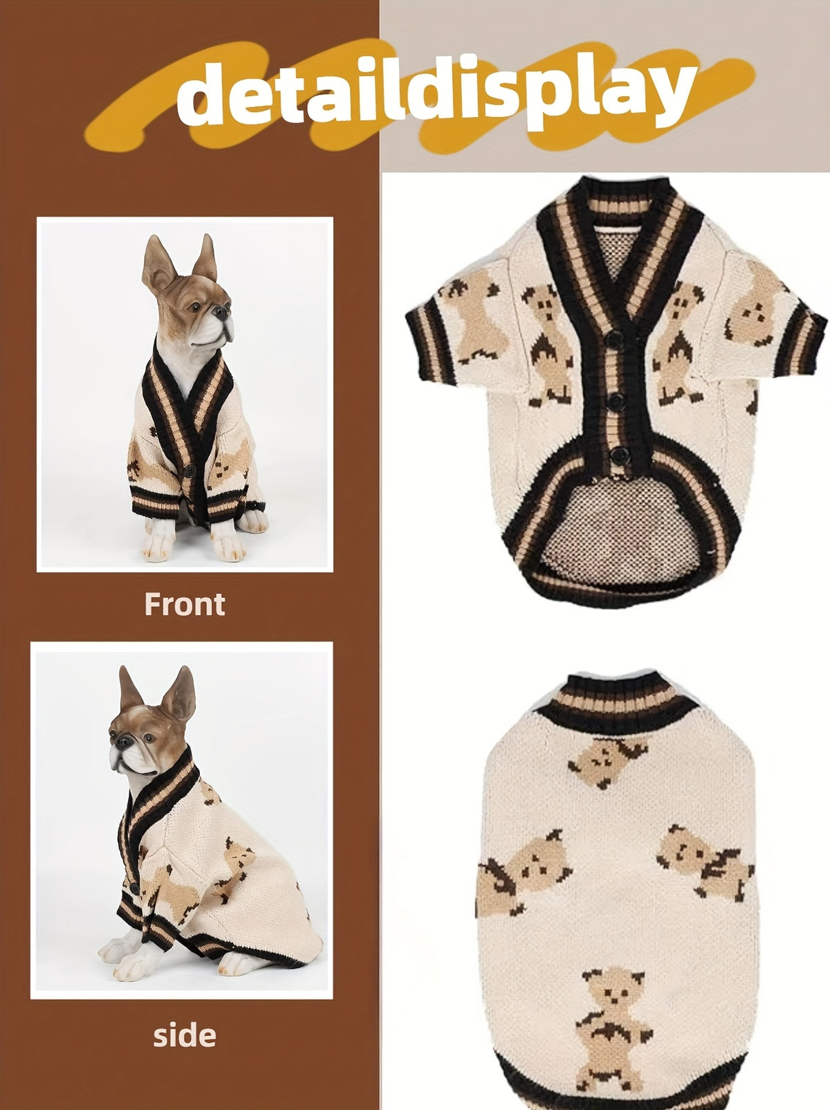 Bear Print Dog Cardigan Sweater with Button Closure, Beige Knit Pet Outfit with Contrast Ribbed Trim and Short Sleeves in M, L and XL Sizes