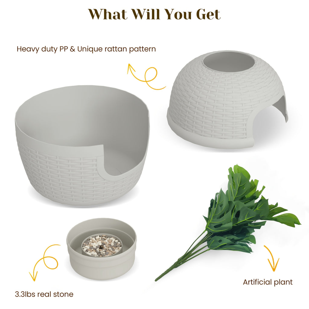 Hidden Litter Box with Plant and Rattan Pattern, Waterproof PP Cat Litter Furniture for Indoor Homes, Easy Assembly and Cleaning, Brown or OW