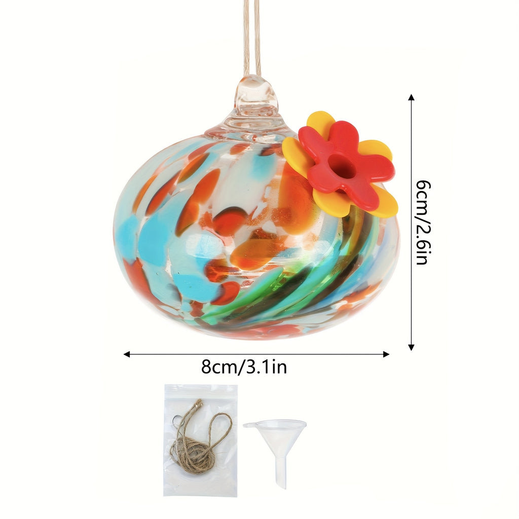 Hanging Glass Hummingbird Feeder with Flower Port, Colorful Round Nectar Ornament for Garden, Patio and Terrace Decor, Bird Lover Gift