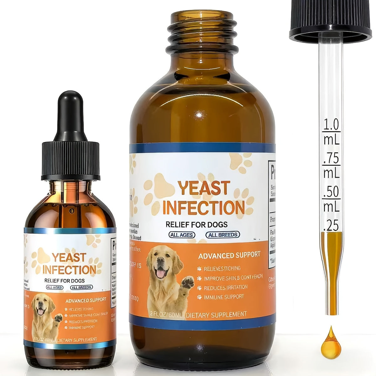 Dog Skin and Ear Support Drops 60 mL, Liquid Dietary Supplement in Dropper Bottle for Canine Wellness, Single or Two-Bottle Options