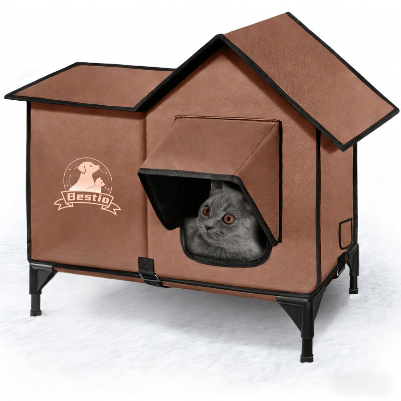 3-in-1 Heated Cat House with Detachable Heating Pad and Elevated Bed, Dual-Entry Cat Shelter in Brown, Camouflage and Roof Style Options