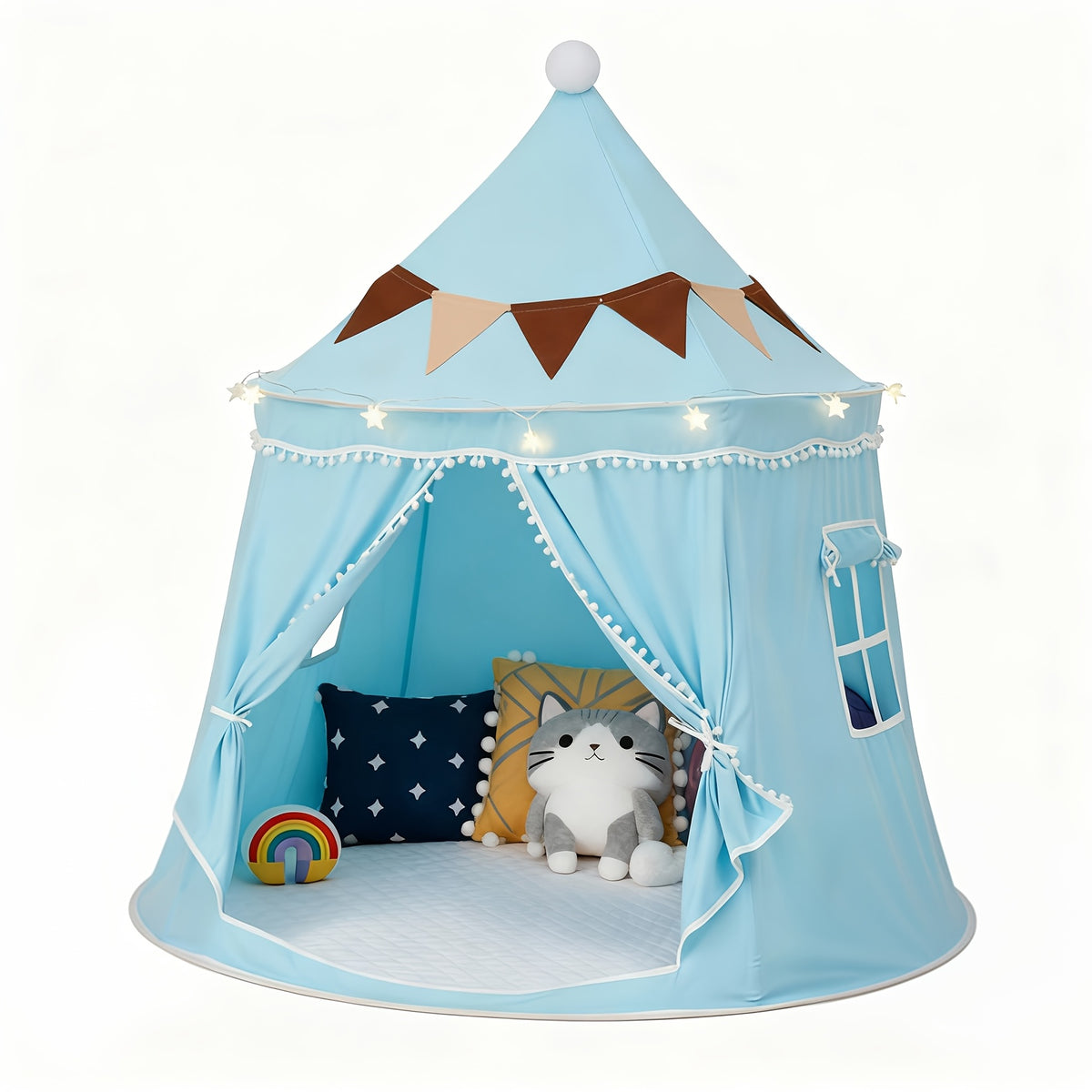 Pop Up Pet Tent for Dogs and Cats, Portable Dome Shelter with No Assembly for Camping and Road Trips, Basic or Mat, Star Lights and Flag Set