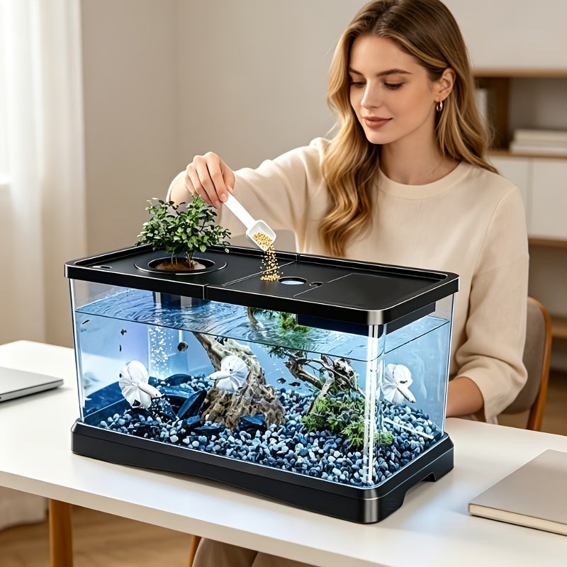 Transparent Fish Tank with Top Lid, 15.35 x 8.66 x 8.46 Inch Rectangular Aquarium for Home, Office and Classroom Aquatic Displays