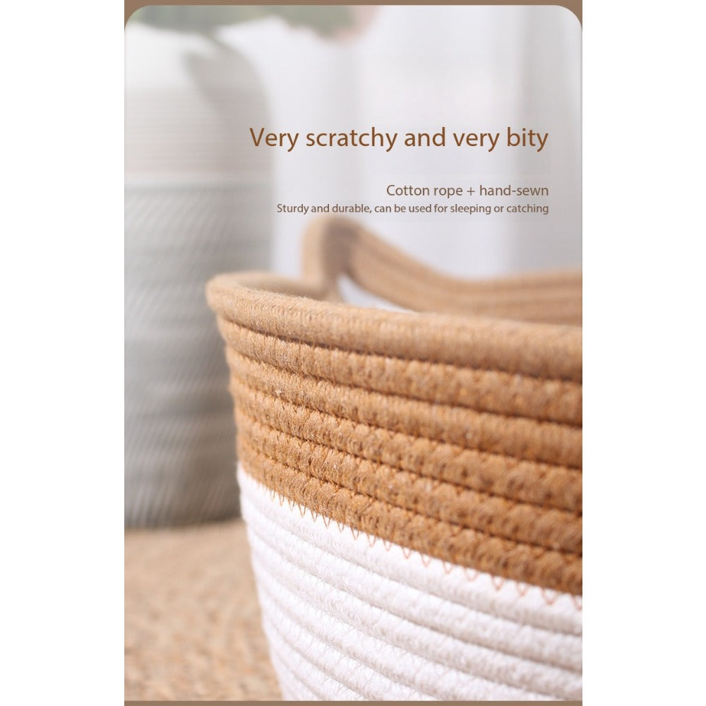 Woven Cat Bed and Scratcher Basket with Cat Ear Rim and Rope Ball Toy, Medium Indoor Lounger for Resting, Scratching and Play