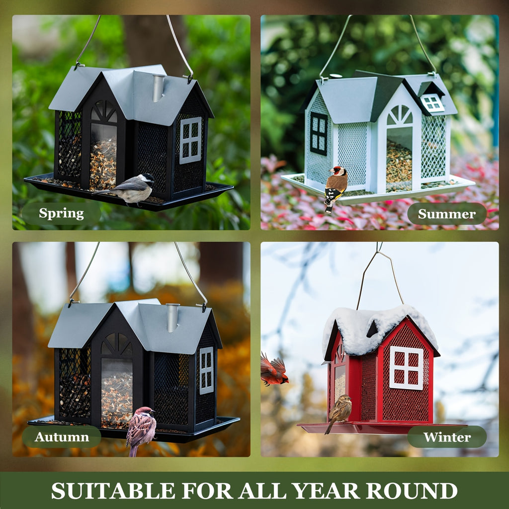 Outdoor Bird Feeder House with Triple Feeding Areas, Metal Mesh Wild Bird Seed Feeder for Finches, Cardinals and Chickadees, Five Color Options