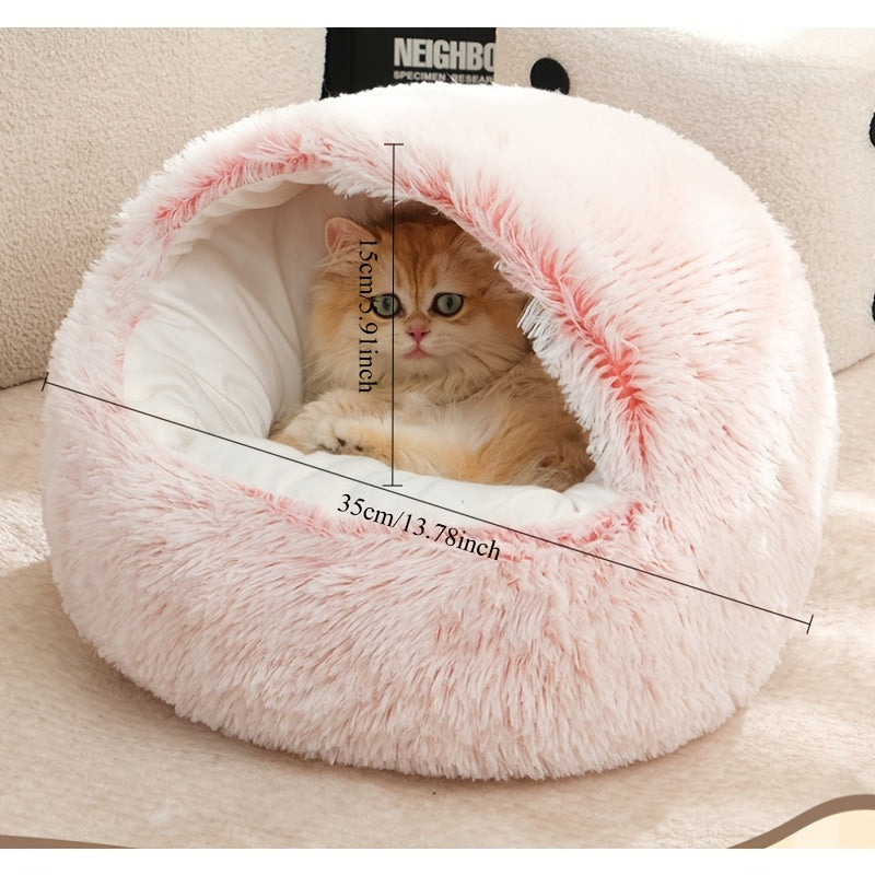 Plush Cat Cave Bed with Shell-Shaped Semi-Enclosed Design, 15.75 Inch Long Plush Pet Nest for Cozy Indoor Rest in Three Color Options