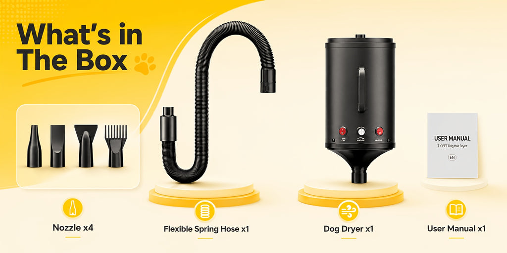 Dog Blow Dryer 2000W with Adjustable Speed and Temperature, Pet Grooming Hair Dryer with 4 Nozzles and Extendable Hose in Four Colors
