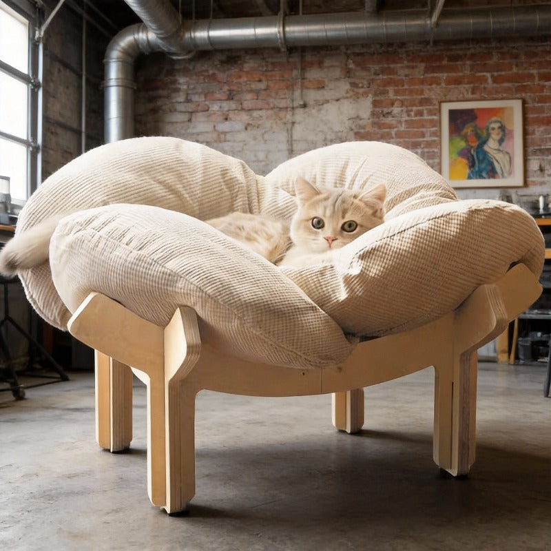 Raised Wooden Cat Bed with Sky Blue Cushion, Solid Wood High-Leg Pet Sofa for Cats and Small Dogs, Includes Assembly Hardware and Tools