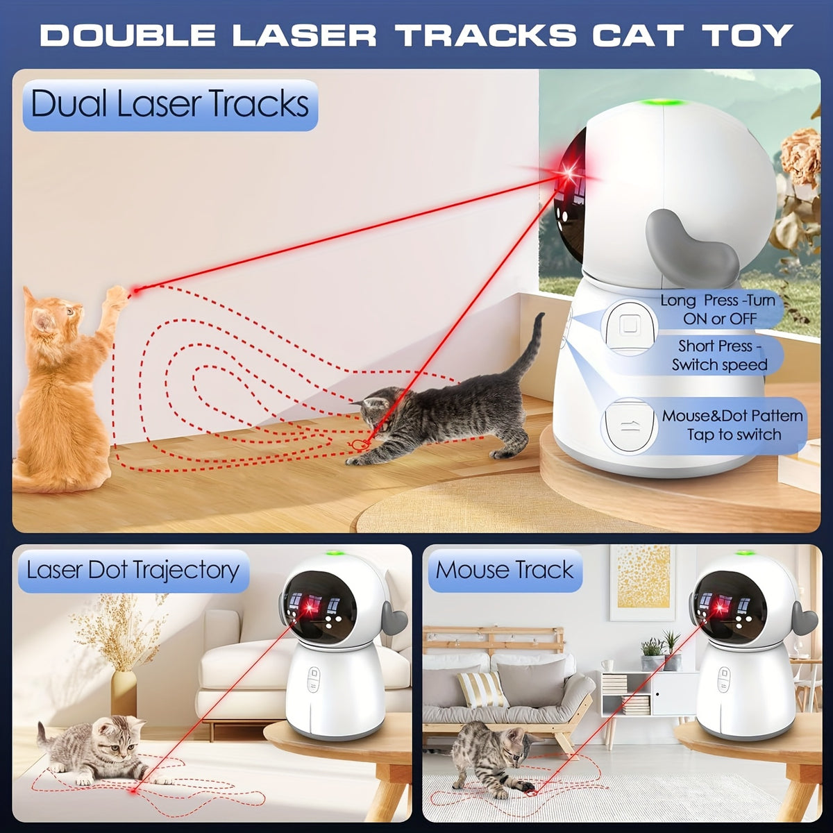 Dual Laser Cat Toy for Indoor Cats, Motion-Activated Rechargeable Interactive Toy with Mouse and Dot Patterns, 3 Speeds and Adjustable Head