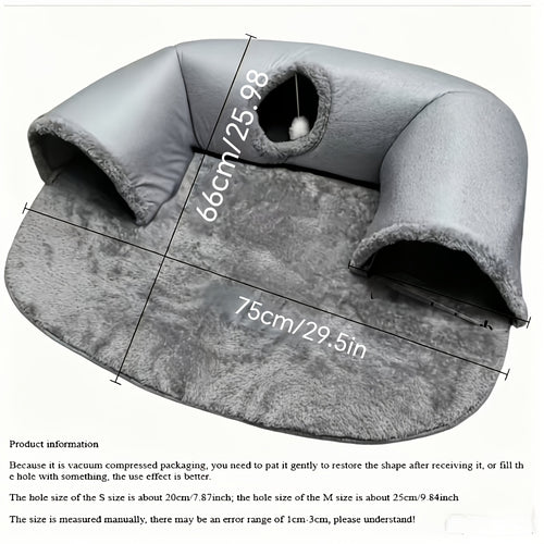 3-in-1 Cat Tunnel Bed and Playhouse, Soft Polyester Pet Hideaway with Plush Lining and Non-Slip Base for Indoor Cat Rest, Kitten Play and Rabbits