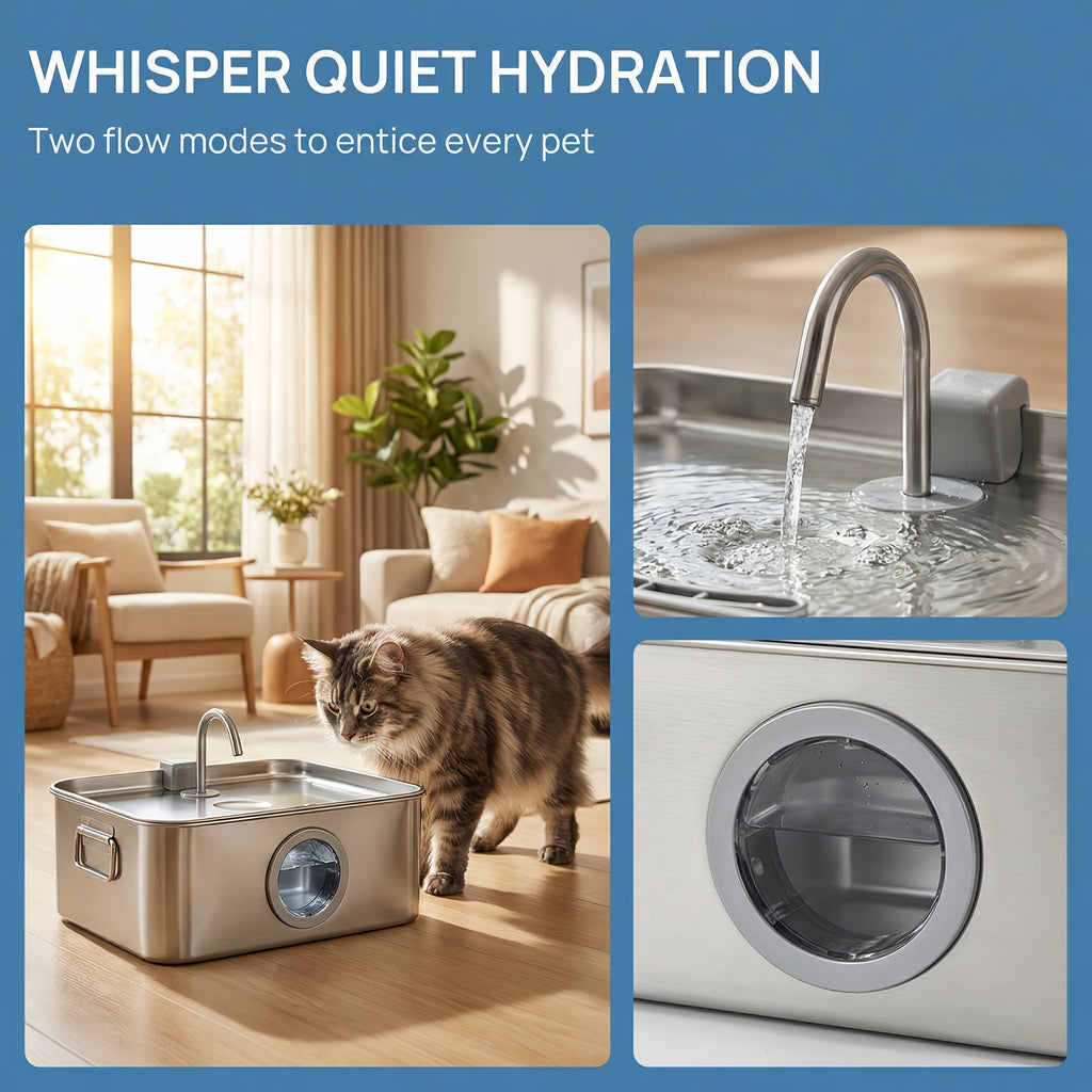 Stainless Steel Dog Water Fountain 12L 3.2 Gal for Large Dogs and Multi-Pet Homes, Ultra Quiet Pet Water Dispenser with Water Level Window, Dry Burn Protection and Red Blue Indicator Lights, Easy to Clean, Without Battery