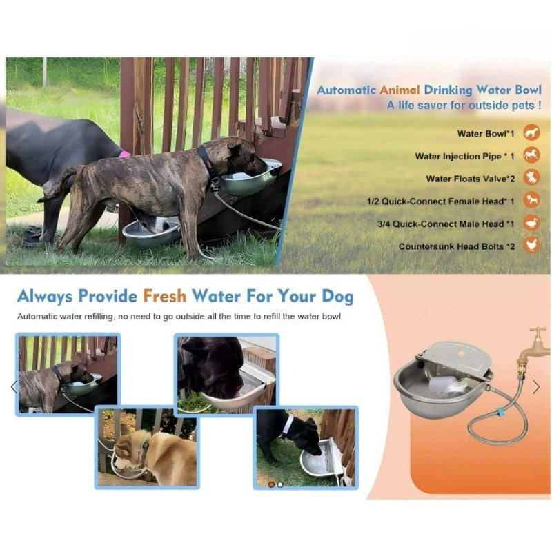 Self-Filling Animal Water Bowl 2.5L, 304 Stainless Steel Wall-Mounted Float Valve Waterer for Outdoor Dogs, Horses, Goats, Cows and Chickens