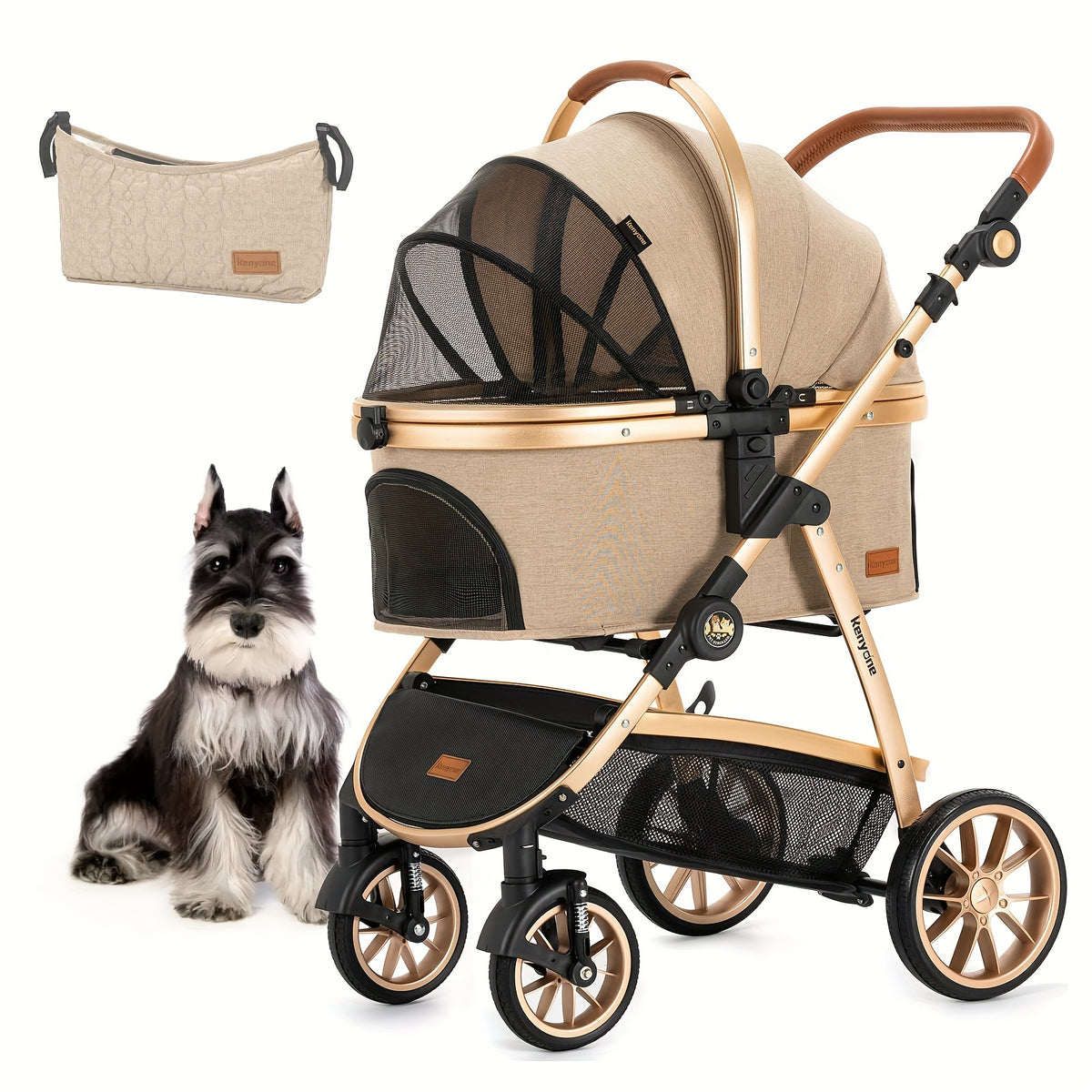 Dog Stroller with Detachable Carrier, Foldable Aluminum Pet Pushchair with No-Zip Entry, Rubber Wheels and Washable Liner for Small Dogs and Cats