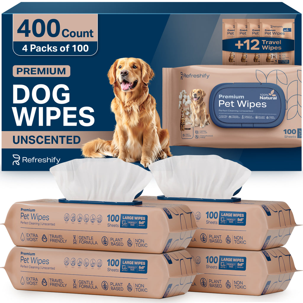 Unscented Dog Wipes for Paws and Butt, 400 Count Plant-Based Pet Grooming Wipes for Dogs and Cats with 12 Individually Wrapped Travel Wipes