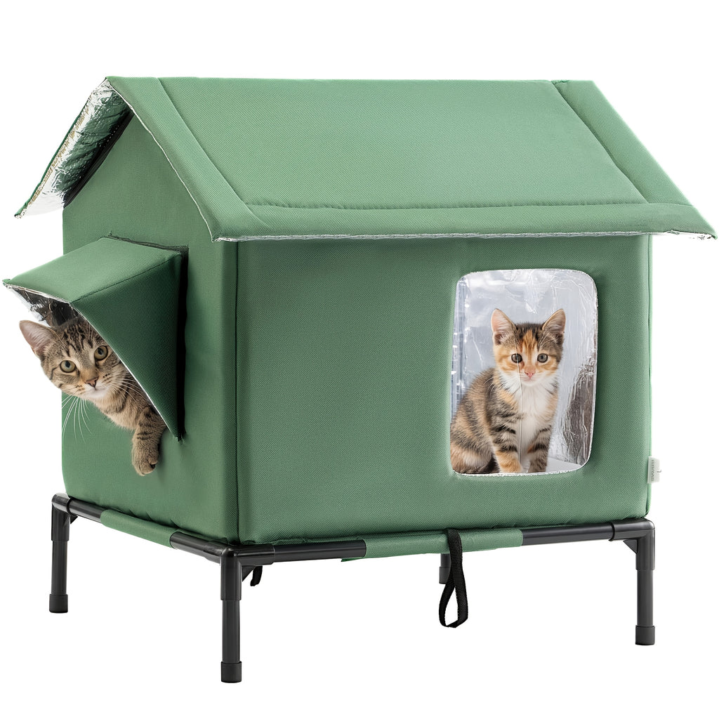 Insulated Outdoor Cat House, Weatherproof Shelter for Stray & Feral Cats, Army Green 17.7 x 15.7 x 21.6 in for Yard, Porch & Garage