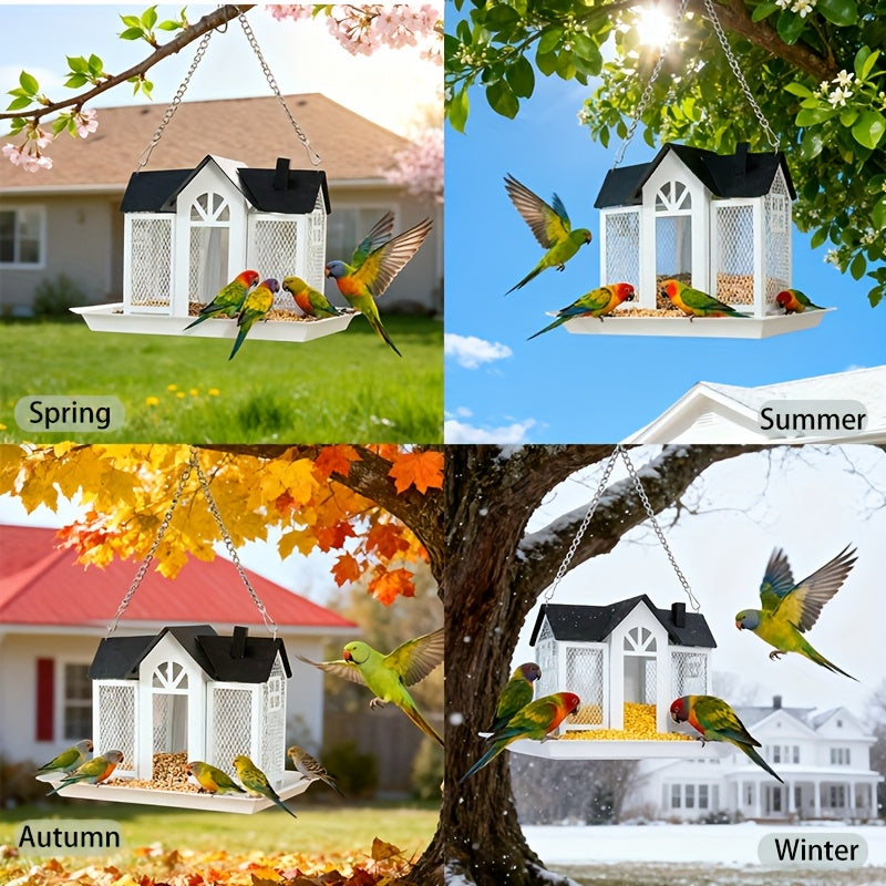 Metal Mesh Wild Bird Feeder with Triple Feeding Areas, Large Capacity Backyard Feeding Station with Black Roof and White or Red Wall Options