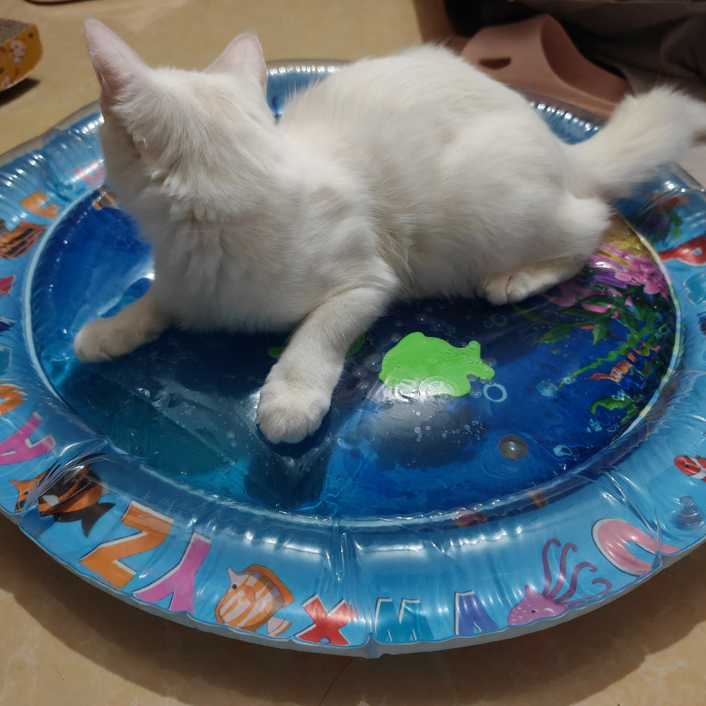 Round Pet Cooling Mat with Water-Fill Center, Blue Ocean Animal Print Pad with Inflatable Rim for Cats and Small Dogs, Indoor and Shaded Patio Use