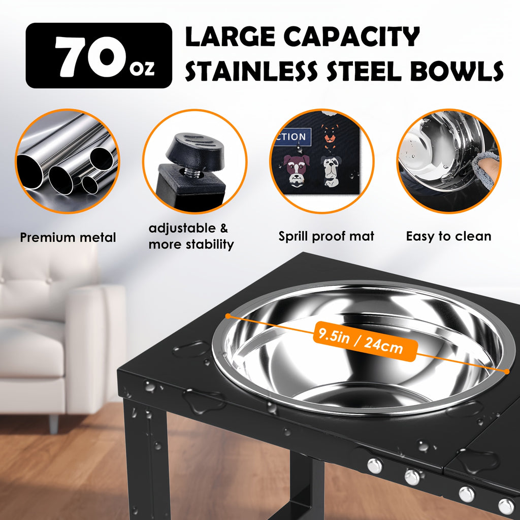 Raised Dog Feeding Station with Two 2L Stainless Steel Bowls, Metal Stand and Splash Mat for Large Dogs, 10 or 15.5 Inch Height Options