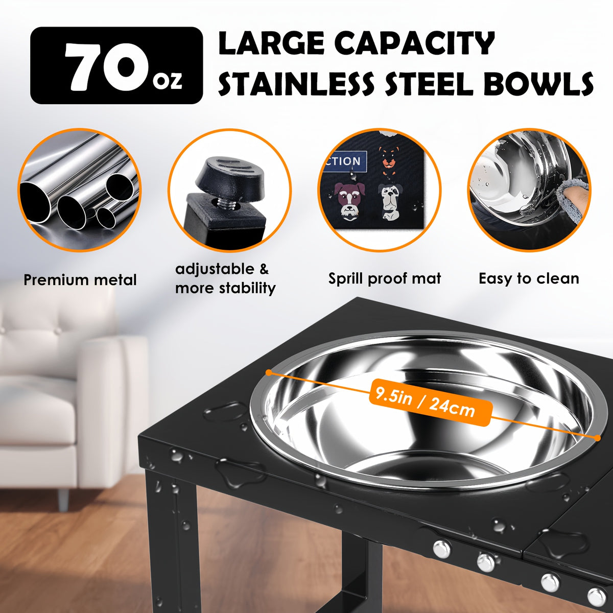 Raised Dog Feeding Station with Two 2L Stainless Steel Bowls, Metal Stand and Splash Mat for Large Dogs, 10 or 15.5 Inch Height Options