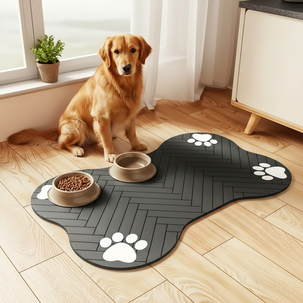 Dog Bowl Mat with Rubber Backing, Absorbent Non-Slip Pet Feeding Pad for Cat and Dog Food and Water Bowls, Two Sizes and Three Footprint Styles