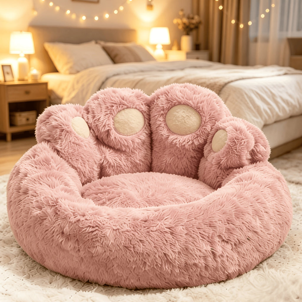 Faux Fur Pet Bed with Washable Bear Paw Design, Soft Plush Dog and Cat Sleeping Cushion with Non-Slip Bottom in Three Sizes and Colors