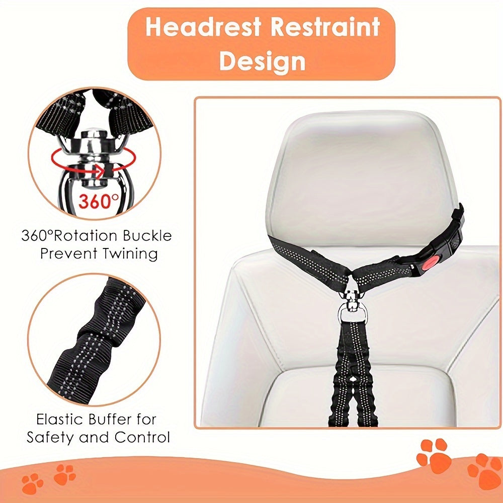 Dual Dog Car Seat Belt with Adjustable Headrest Loop, Two Bungee Tether Straps and Metal Clips for Two-Dog Travel in Red, Rose Red or Black