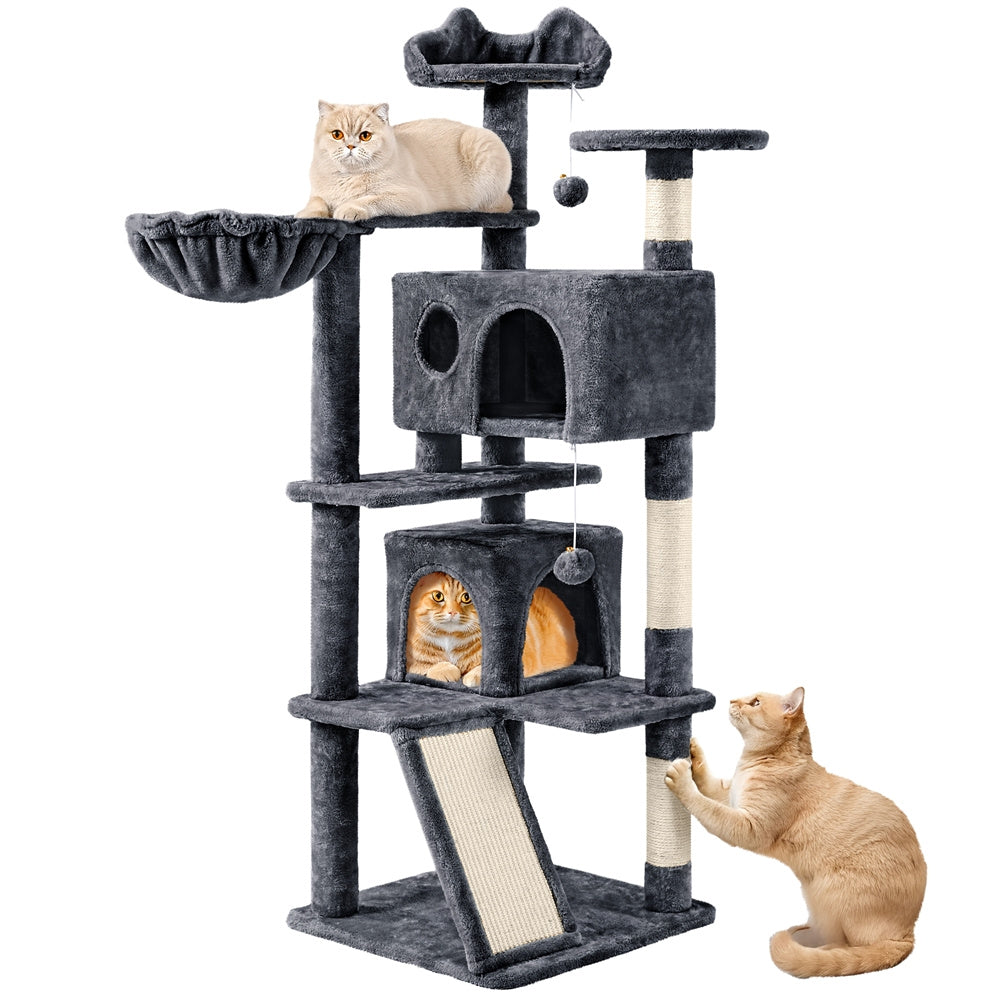Cat Tree 57 Inch with Two Condos, Plush Multi-Level Indoor Kitten Tower with Round Platform, Ladder and Dangling Ball for Small Cats